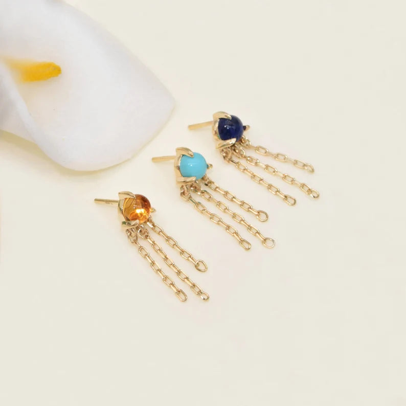 14K Solid Gold Gemstone Dangle Stud Earring