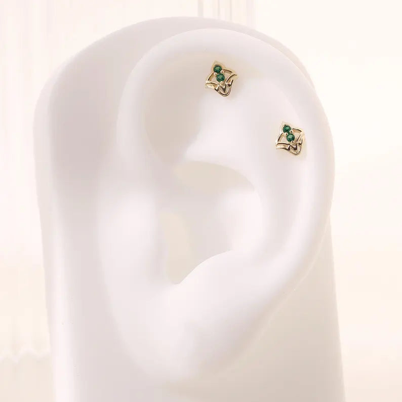 14K Solid Gold CZ Flower Helix Flat Back