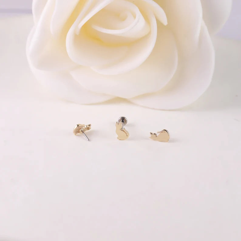 14K Solid Gold Cat Stud Earrings