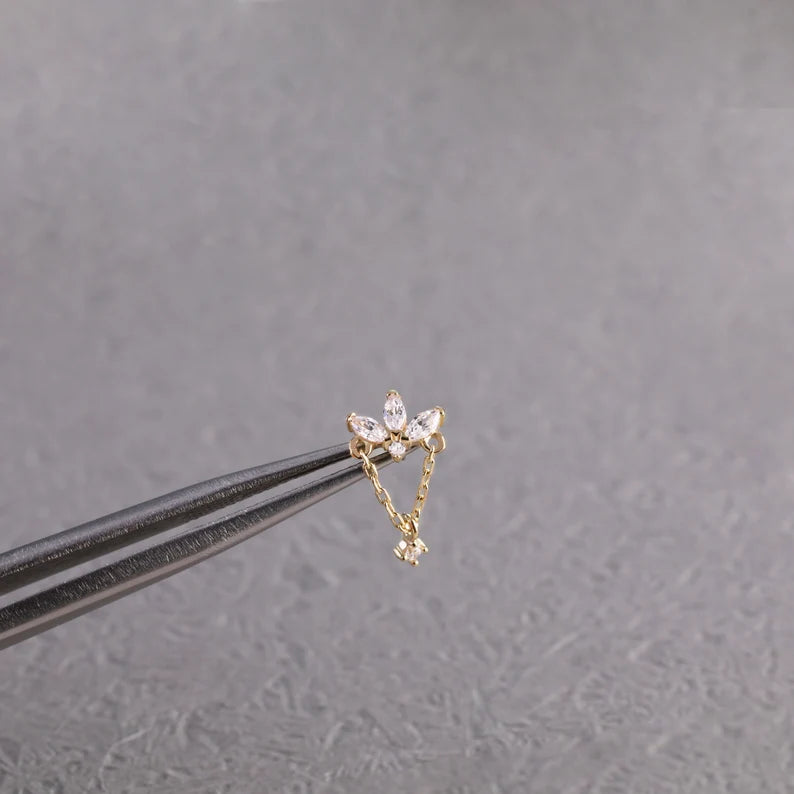 14K Gold Marquise Chain Cartilage Earring 20g