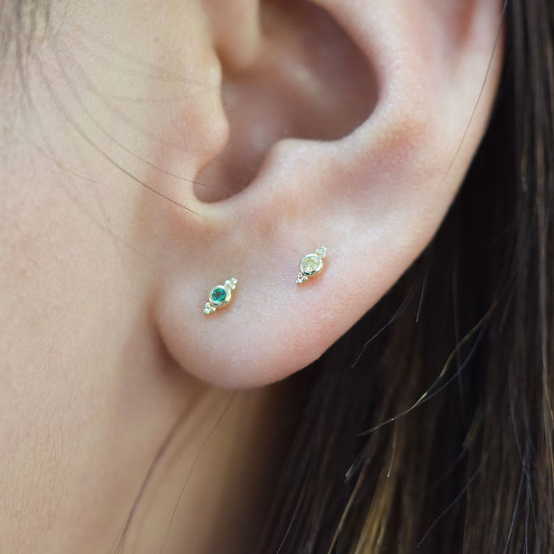 14K Solid Gold Three Bead Helix Stud