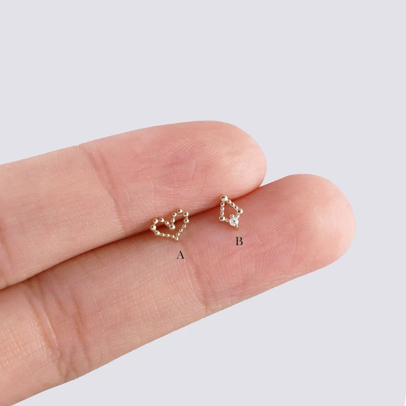 14K Solid Gold Rhombus & Heart Cartilage Studs