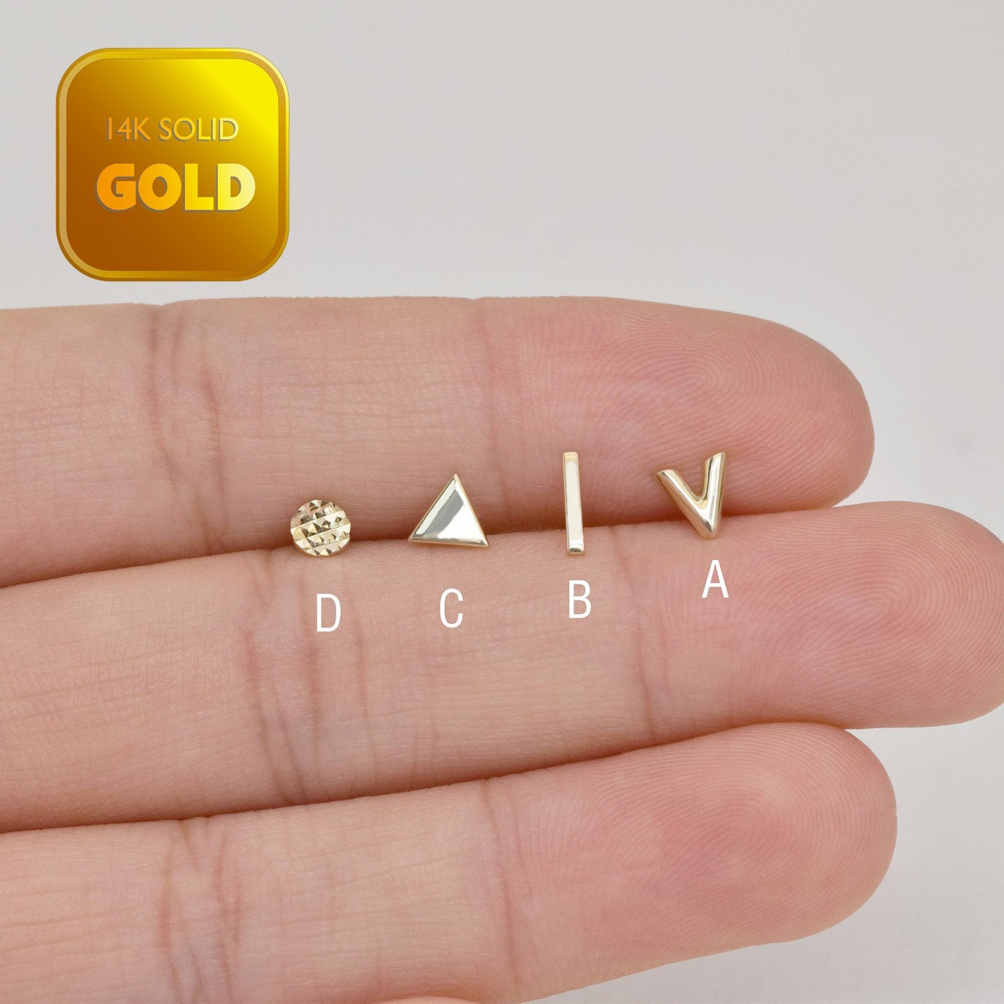 14K Solid Gold Geometric Stud Earrings V Shape Triangle Circle Dot 18g
