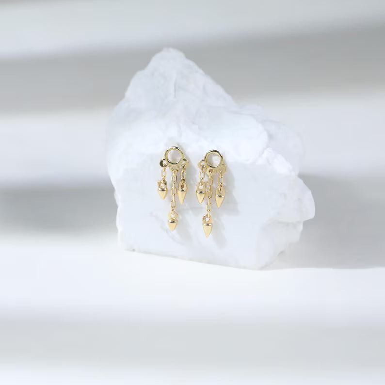 14K Gold Dangle Cone Triple Chain Tragus Earring