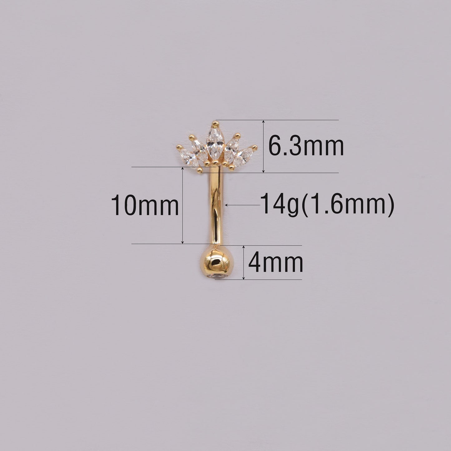 14K Solid Gold Cubic Zirconia Crown Belly Ring Tiara Navel Piercing 14G