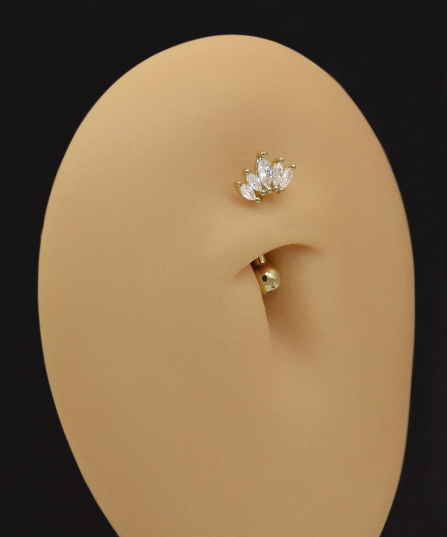 14K Solid Gold Cubic Zirconia Crown Belly Ring Tiara Navel Piercing 14G