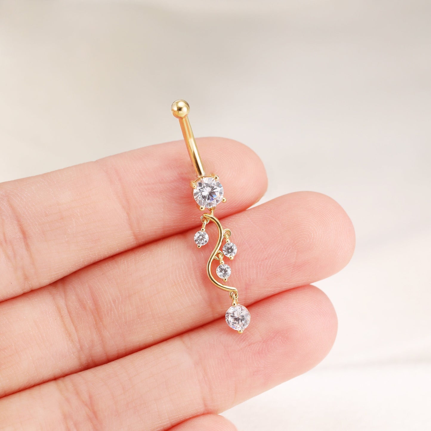 14K Solid Gold Crystal Leaves Belly Ring