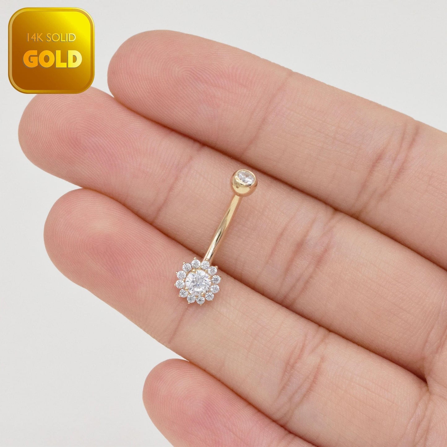 14K Solid Gold Sunflower Belly Ring Curved Barbell 14g