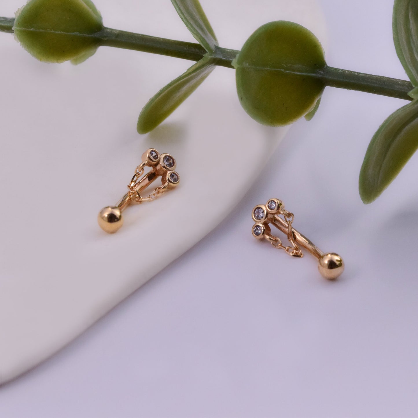 14K Solid Gold 3 Bezel Stone Rook Daith Piercing Chain Curved Barbell
