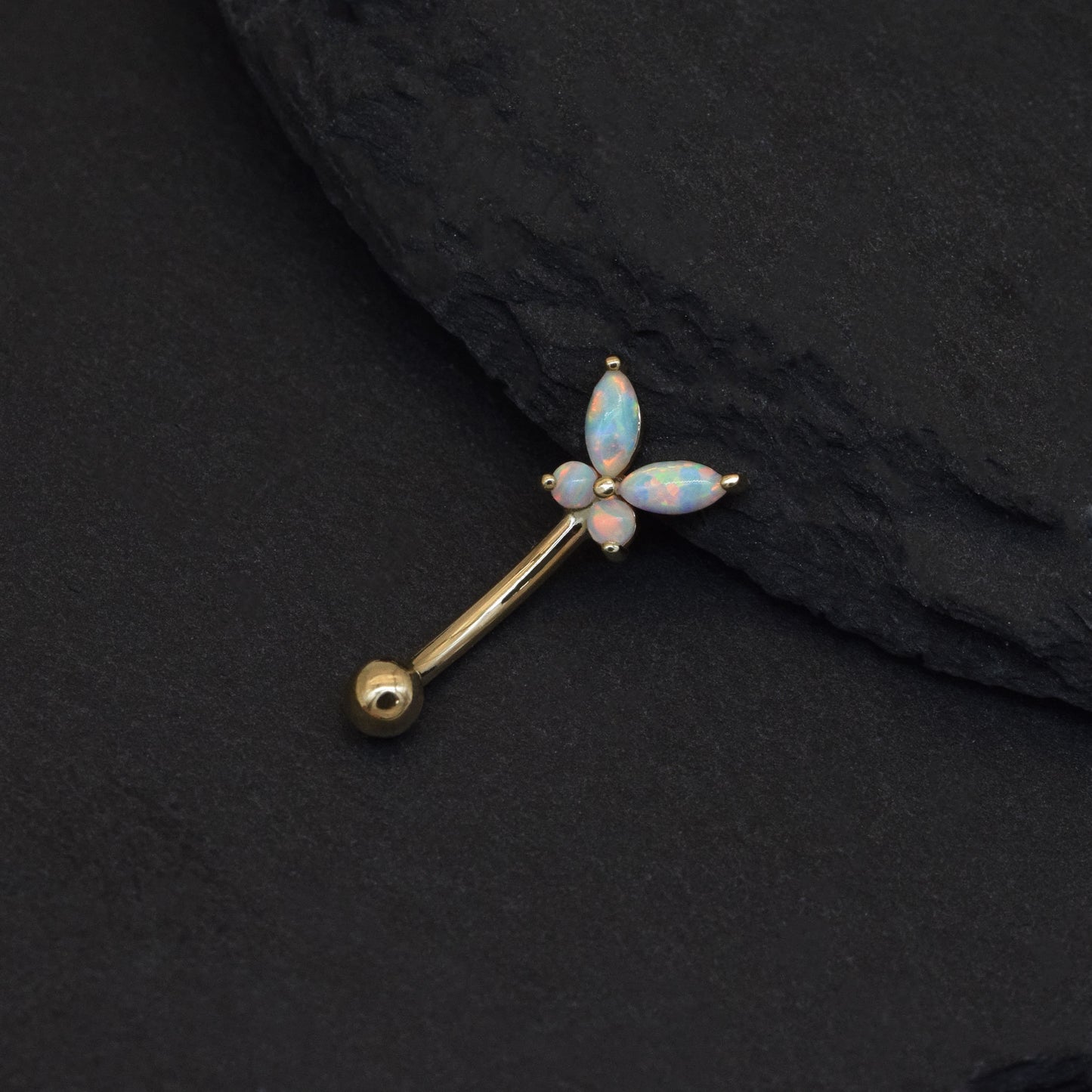 14K Solid Gold Butterfly Opal Curved Barbell 16G