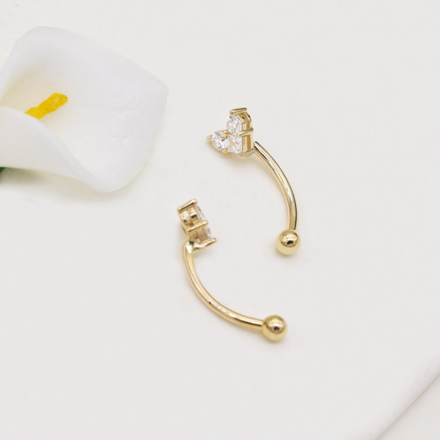 14K Solid Gold Heart Rook Earring Diamond Curved Barbell 16G