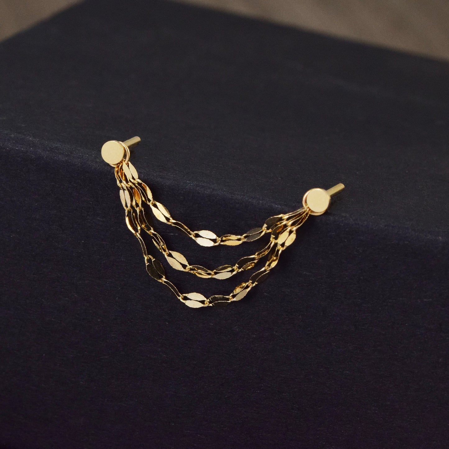 14K Solid Gold Sparkly Double Chain Cartilage Earring