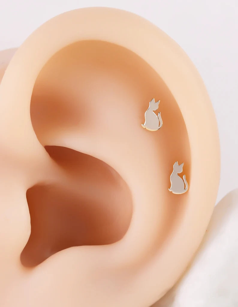 14K Solid Gold Cat Stud Earrings