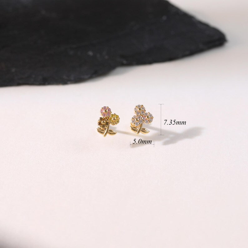 14K Solid Gold Flower Cartilage Stud Flat Back