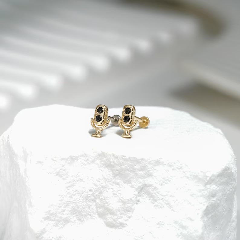14K Gold Tiny Microphone Flat Back Earring