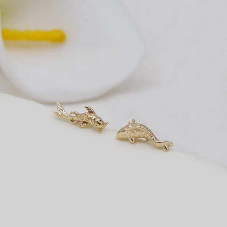 14K Solid Gold Koi Fish Stud Earring