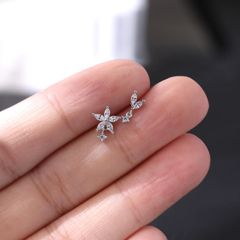 14K White Gold Flower Drop Stud