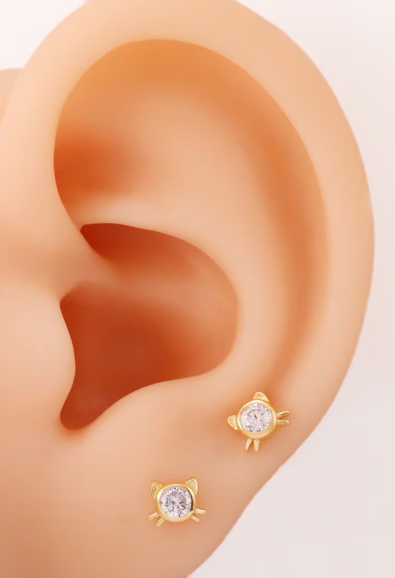 14K Gold Cat Cartilage Kitten Stud Earring