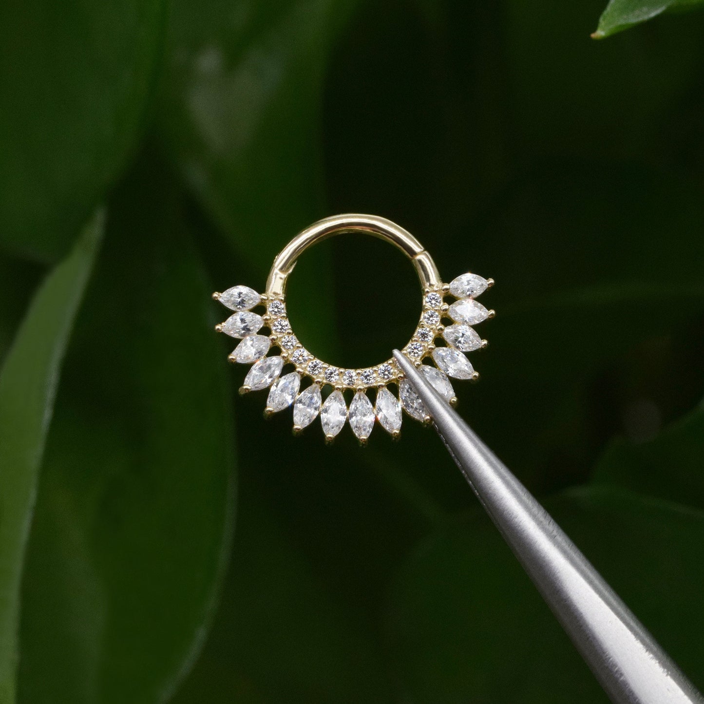 14K Solid Gold Dainty Marquise Septum Hoop Clicker Nose Piercing Ring