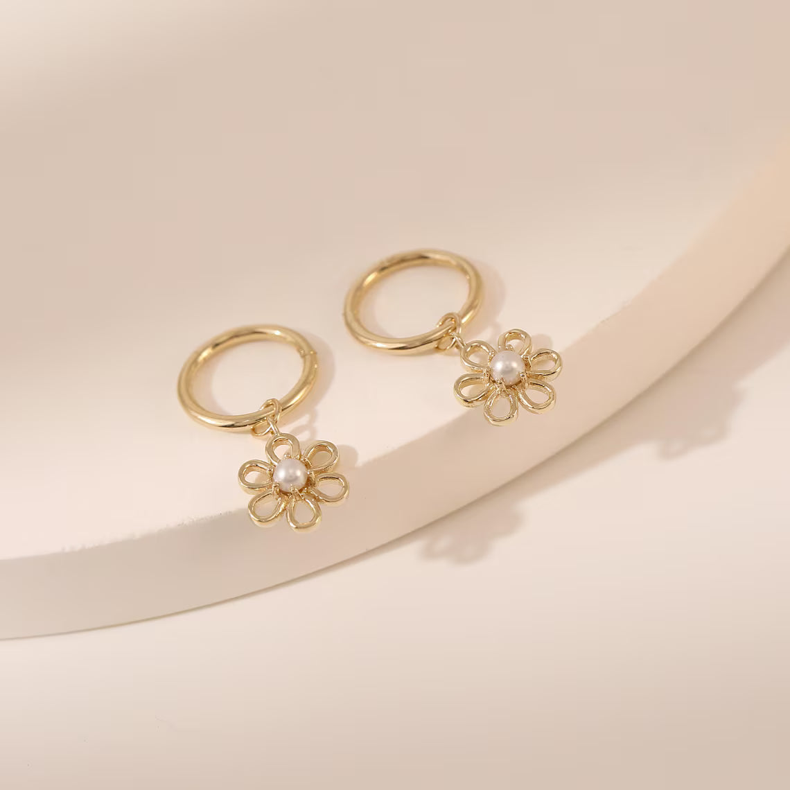 14K Solid Gold Flower Dangle Hoop Earring Charm