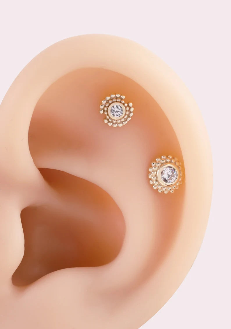 14K Solid Gold Sun Beaded Stud