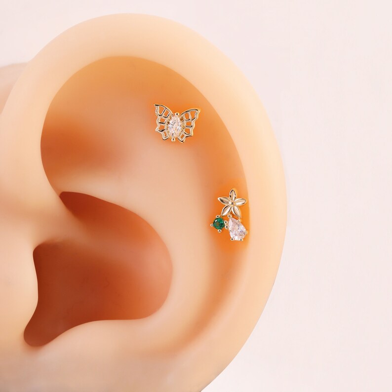 14K Gold Butterfly Cartilage Stud Flat Back