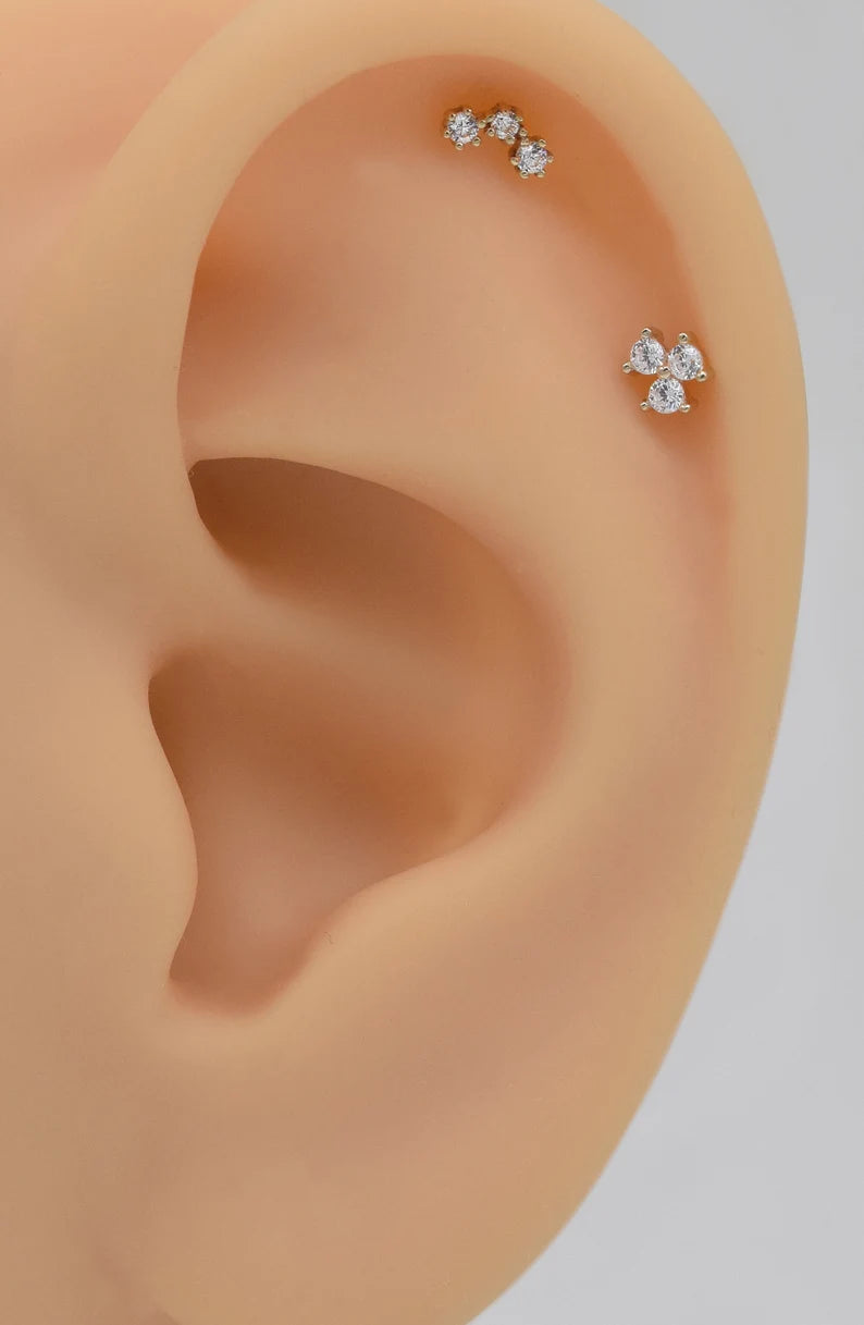 14K Gold Three Stone Cartilage Stud