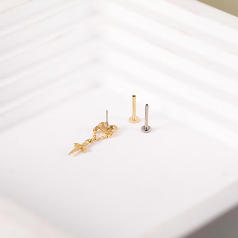 14K Gold Heart Sword Dangle Piercing Studs