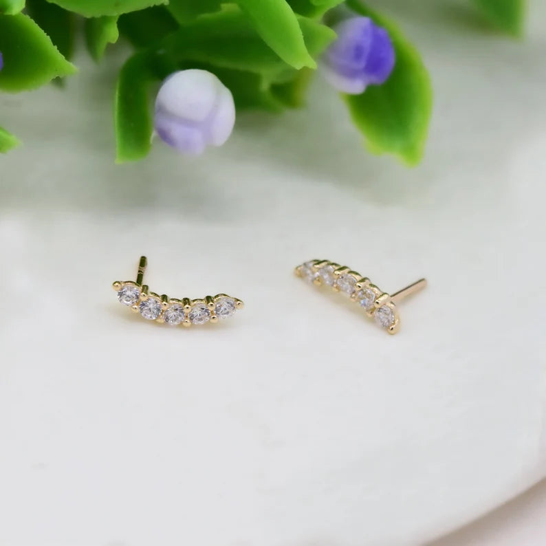 14K Gold Dainty Climber Bar Earring