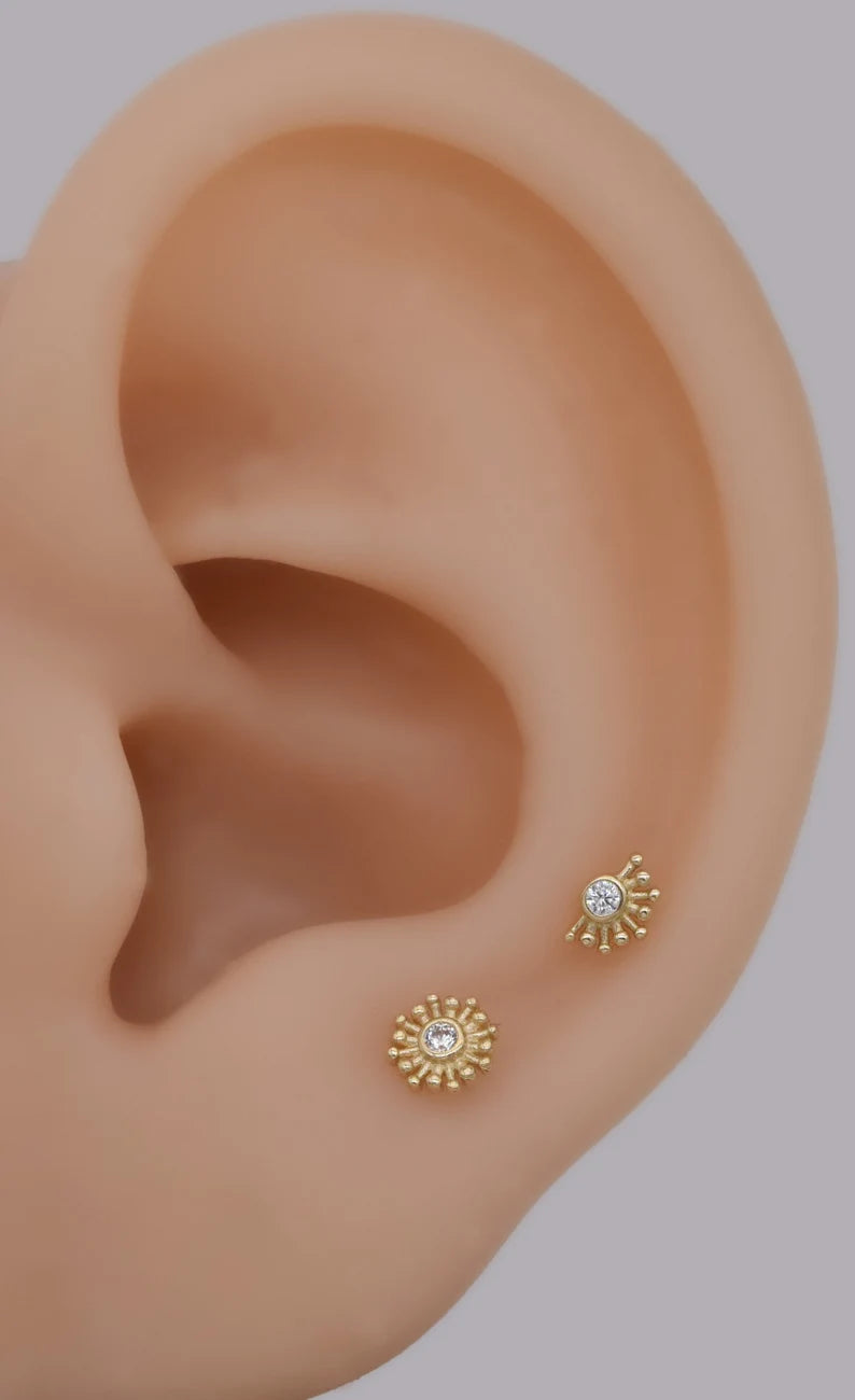 14K Gold Sun Cartilage Stud Earring