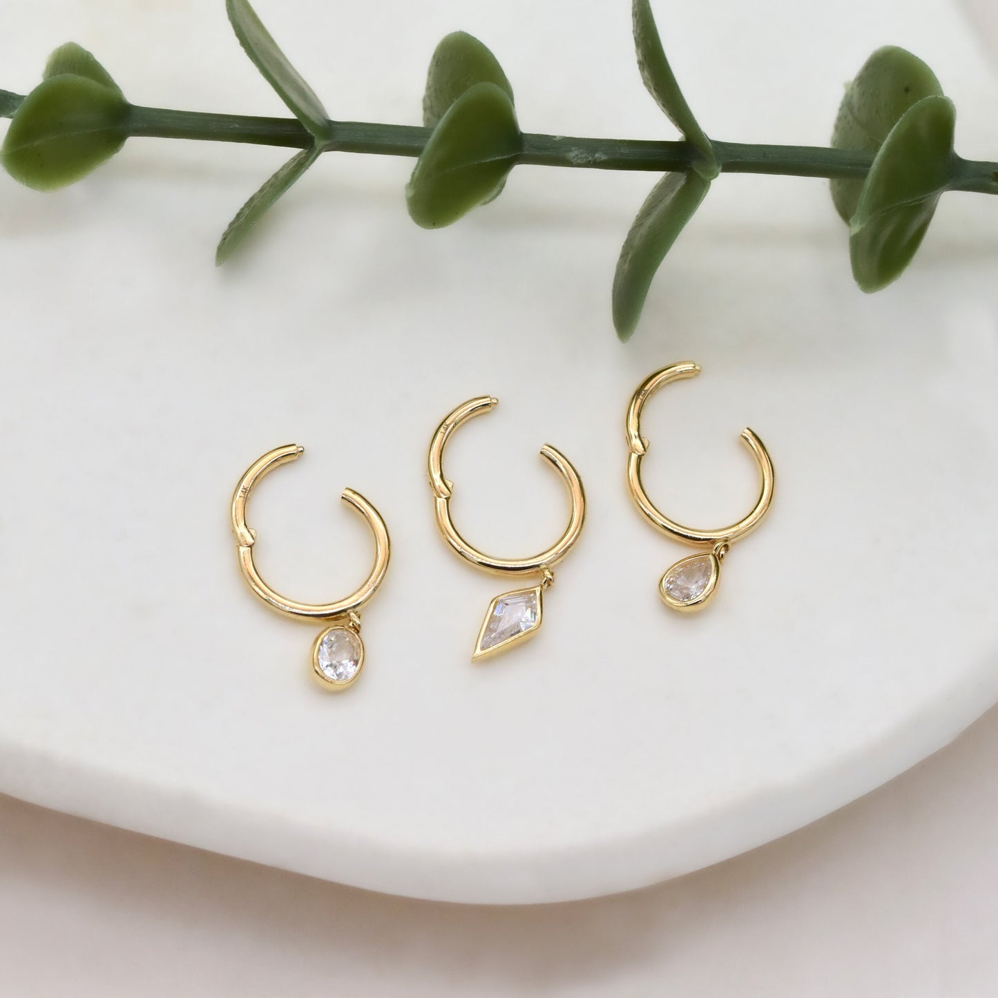 14K Solid Gold Dangle Charm Hoop Earring 16G