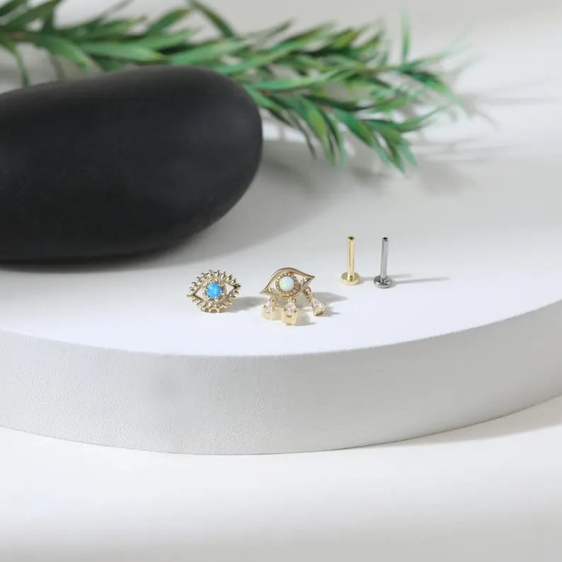 14K Gold Opal Evil Eye Stud