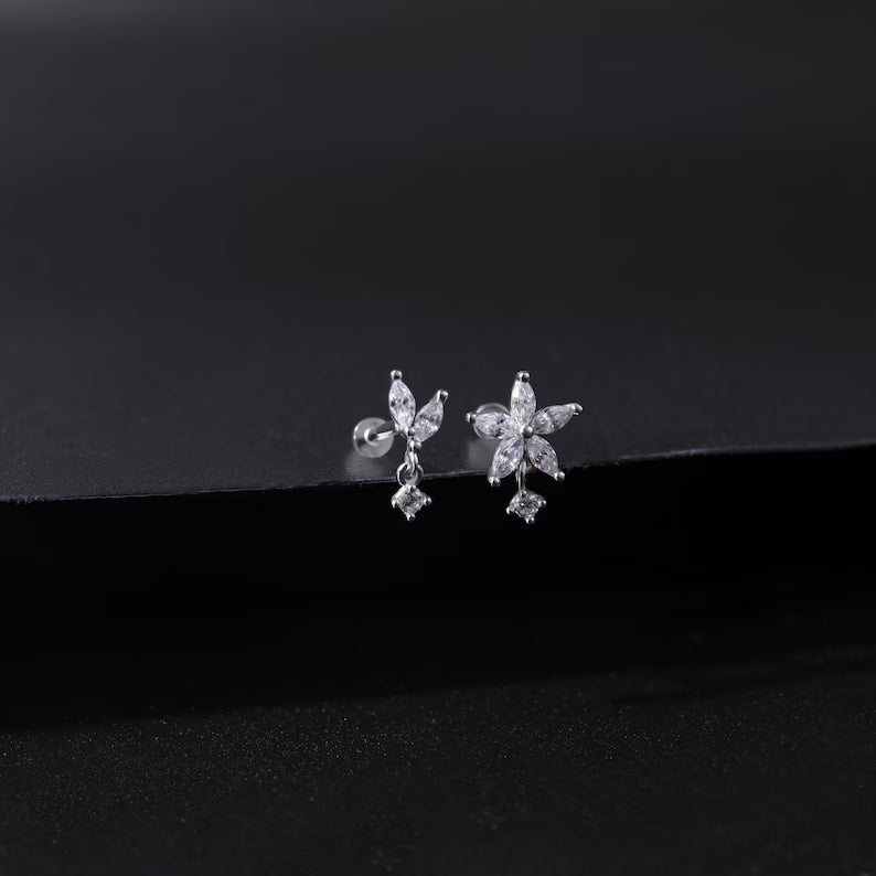 14K White Gold Flower Drop Stud