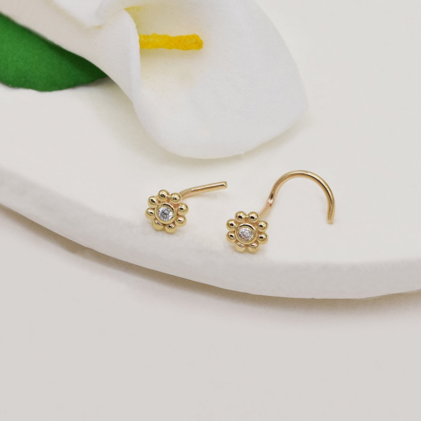 14K Solid Gold Sunflower Nose Stud L Shape 20g