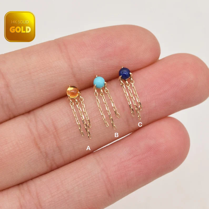 14K Solid Gold Gemstone Dangle Stud Earring