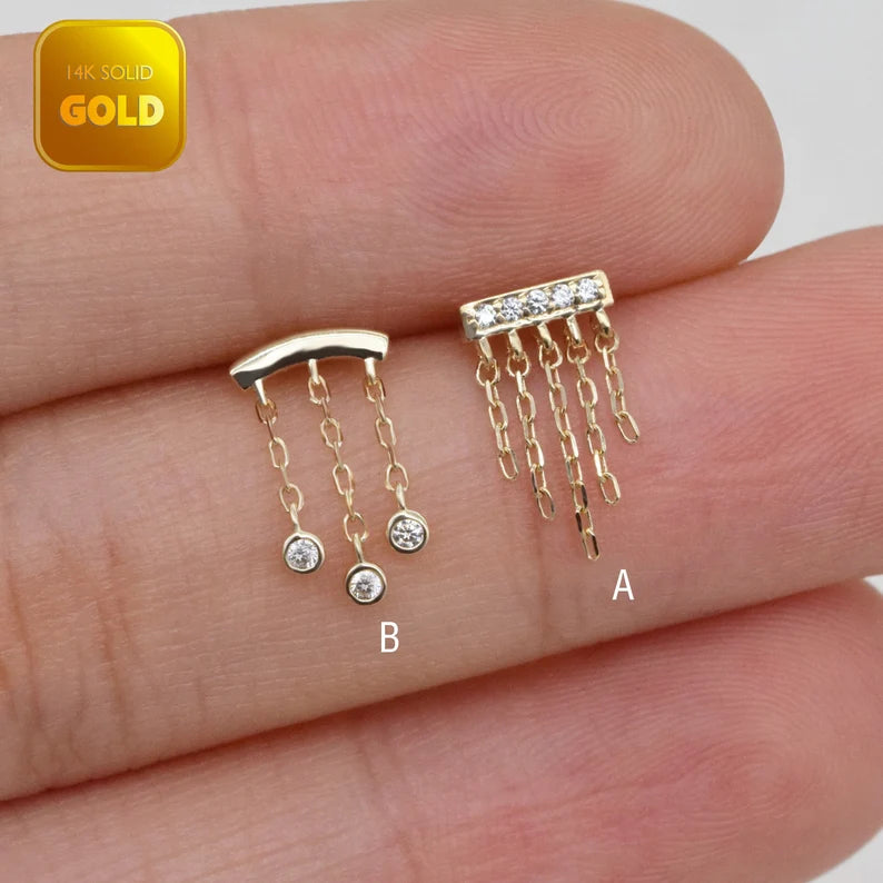 14K Solid Gold Bar Chain Earring