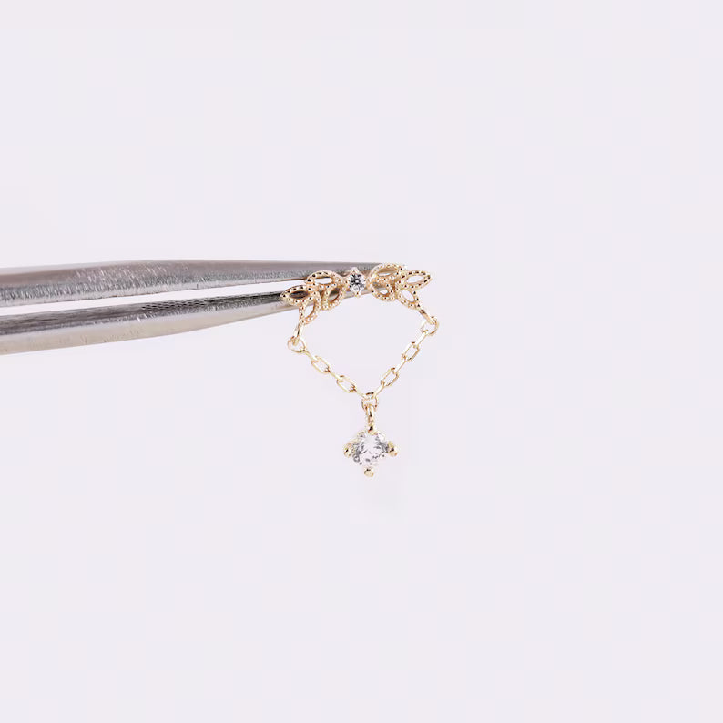 14K Gold Angel Wing Dangle Chain Earring