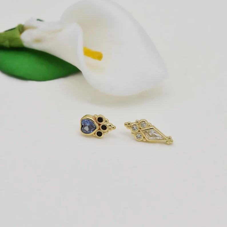 14K Gold Rhombic Tanzanite Cartilage Stud Earring – Flat Back