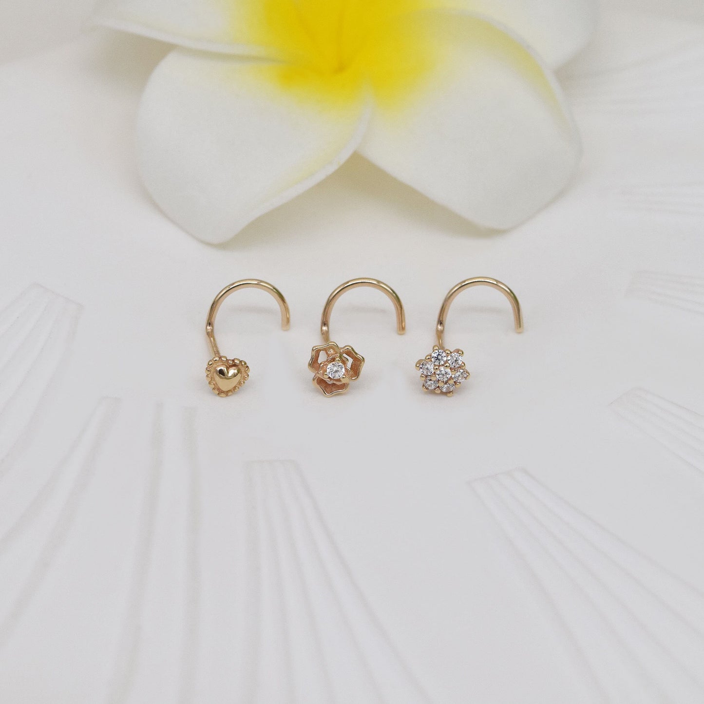 14K Solid Gold Flower Heart Nose Stud Diamond Screw Back 20G Gift for Her