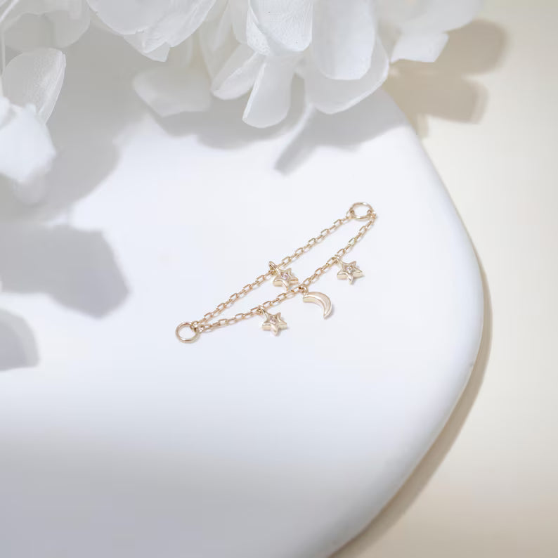 14K Solid Gold Moon Star Chain Charm