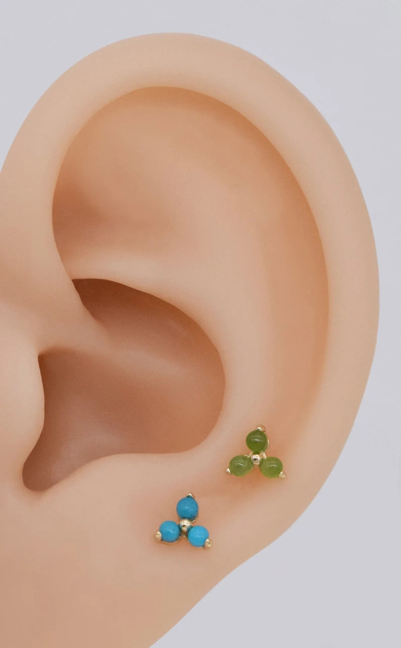 14K Solid Gold Turquoise & Jade Cartilage Stud Earring