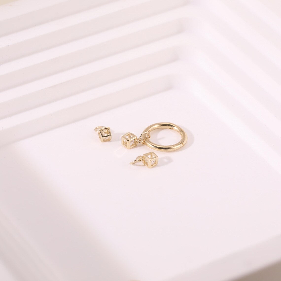 14k Solid Gold Hollow CZ Cube Charm Stud Earring