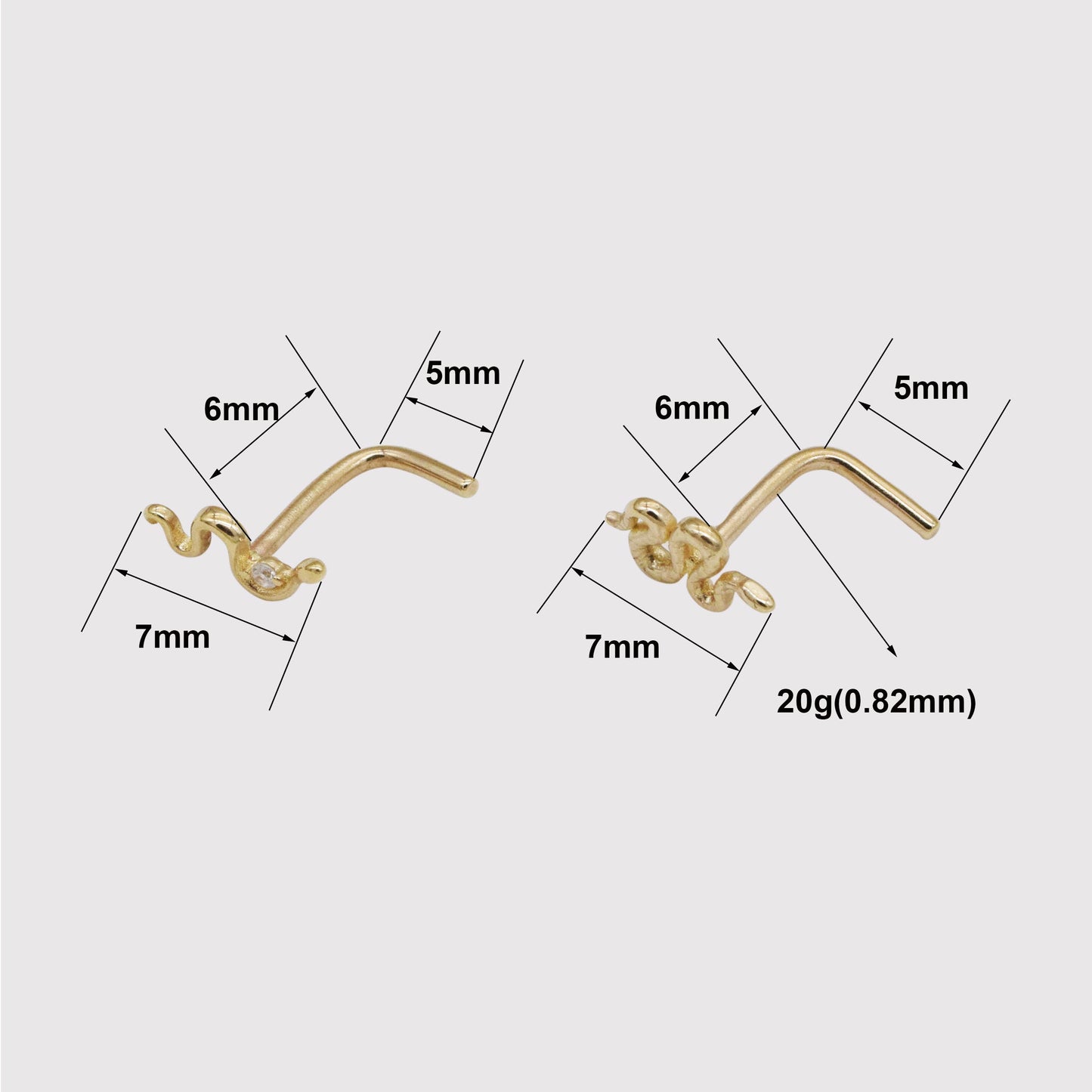 14K Solid Gold Snake Nose Ring L Shape 20g