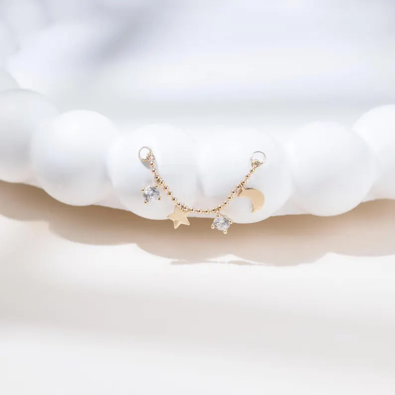 14K Solid Gold Moon & Star Chain Piercing