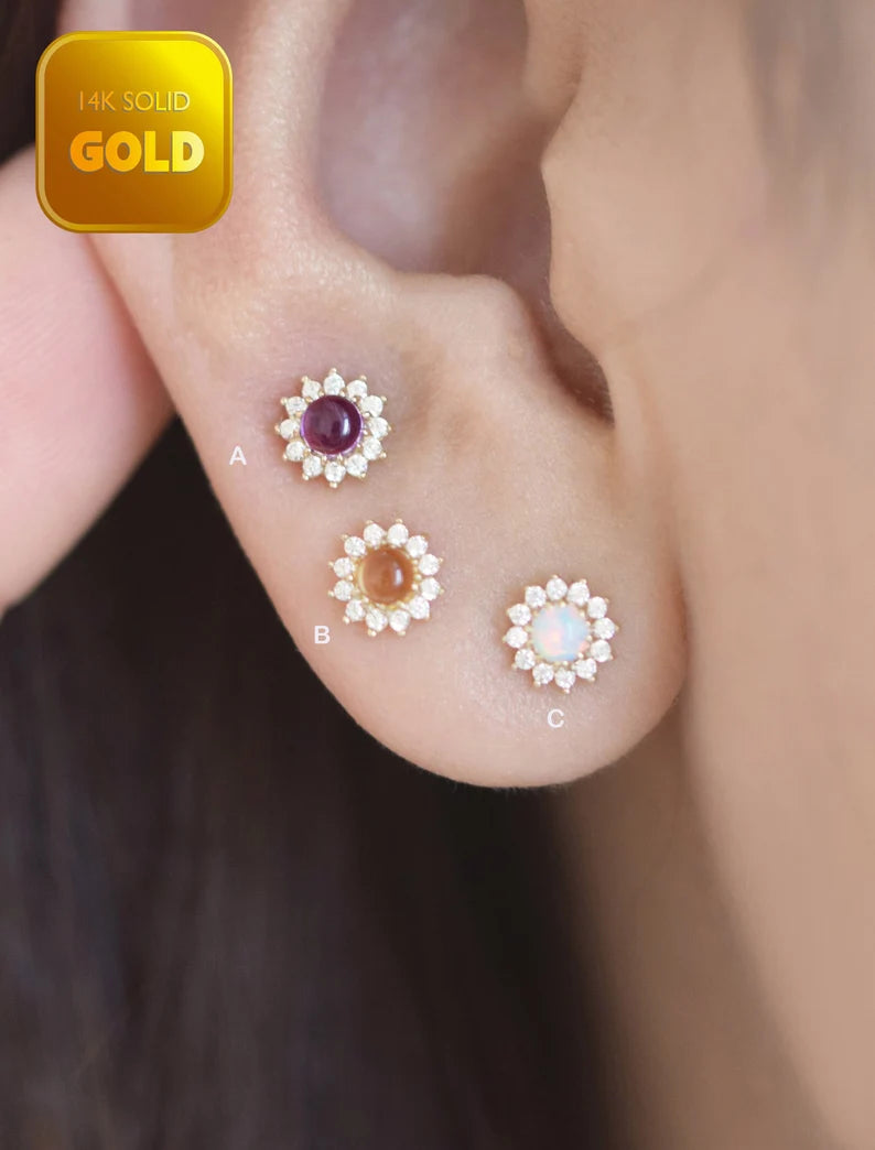 14K Gold Sunflower Opal Cartilage Stud Earring
