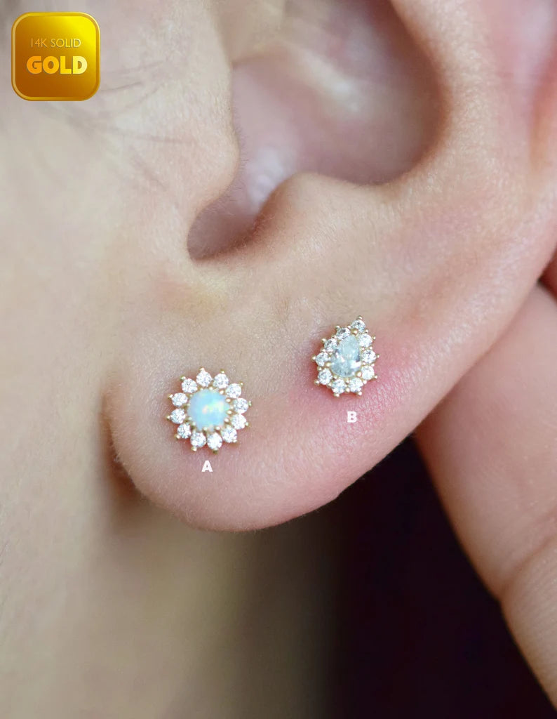 14K Gold Opal Sunflower Stud Cartilage Earring