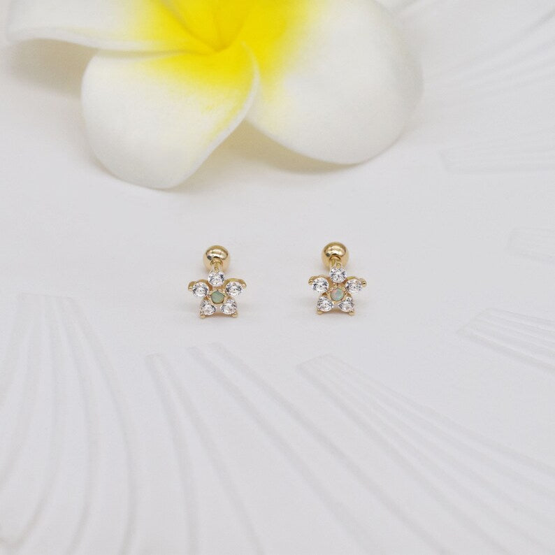 14K Gold Opal Cluster Helix Stud