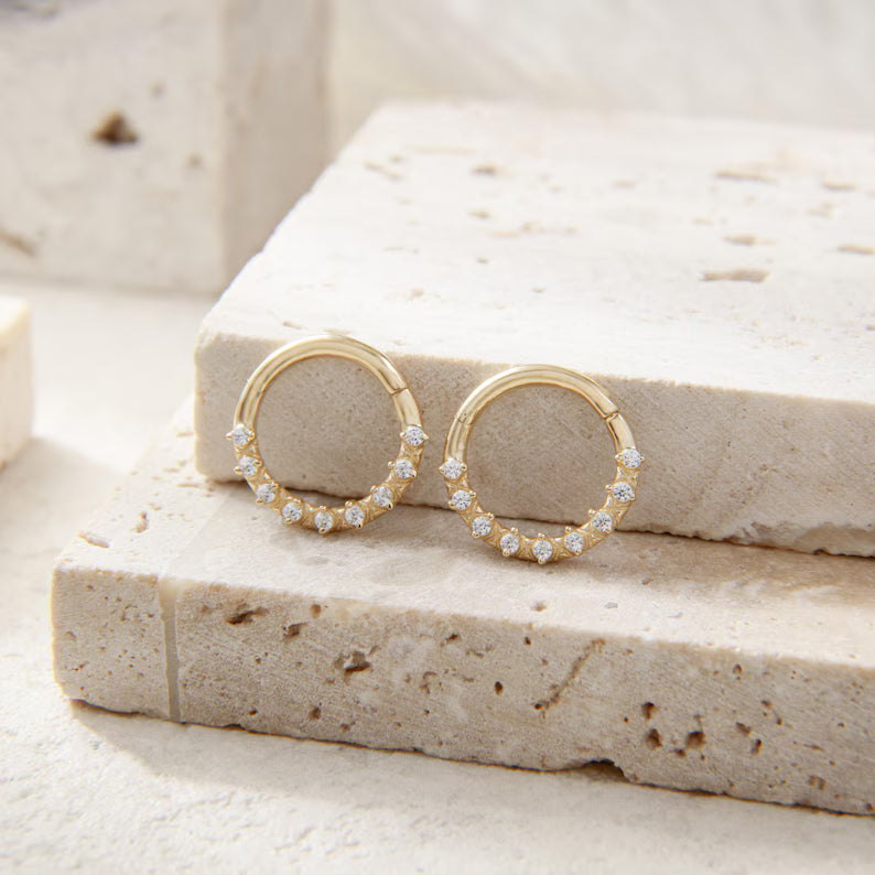 14K Gold Pave Sparkle Septum Hoop 16G 8mm