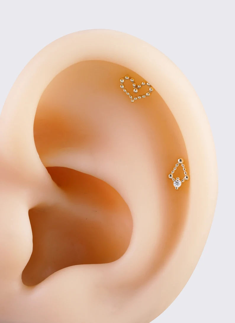 14K Solid Gold Rhombus & Heart Cartilage Studs
