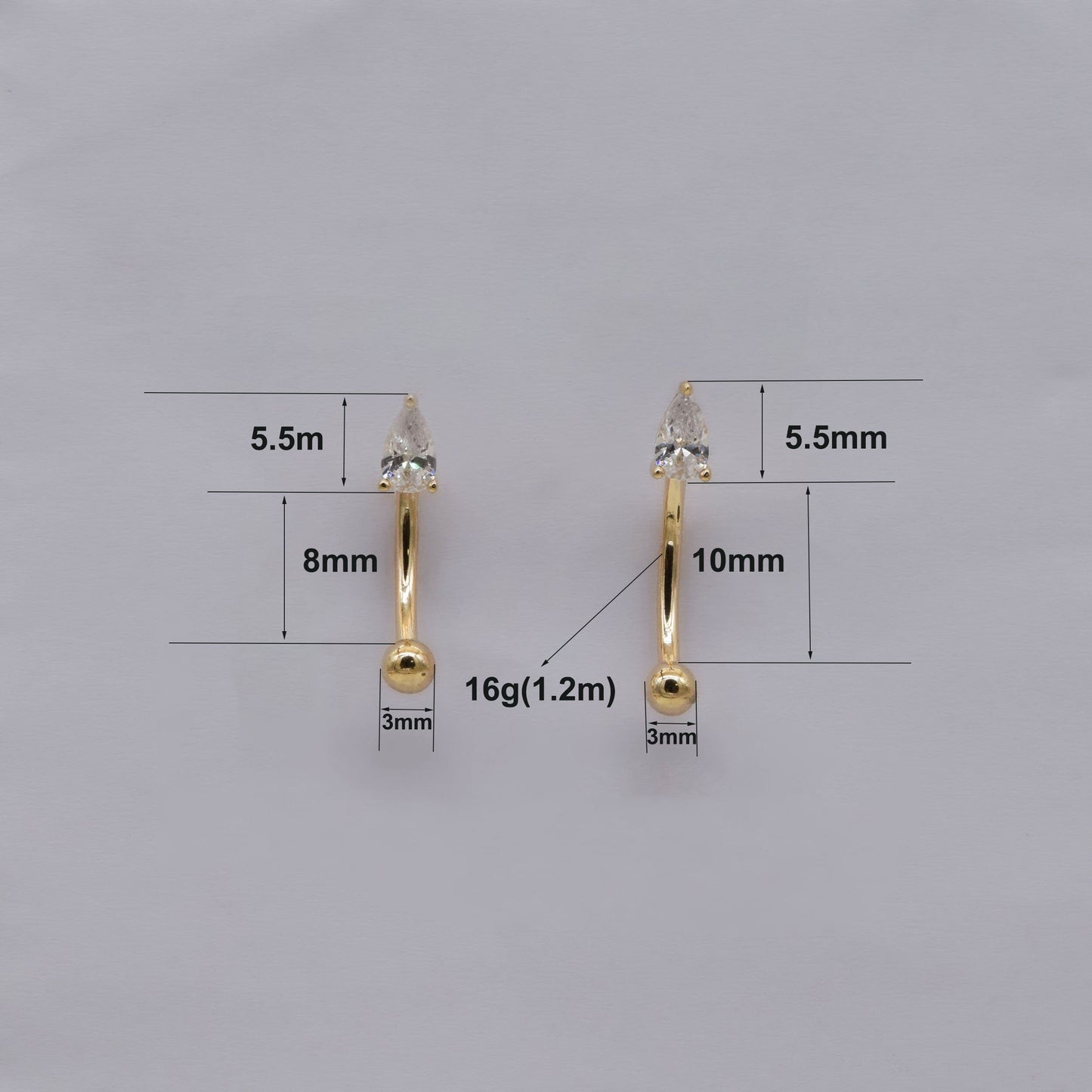 14K Solid Gold Teardrop Rook Piercing 16G